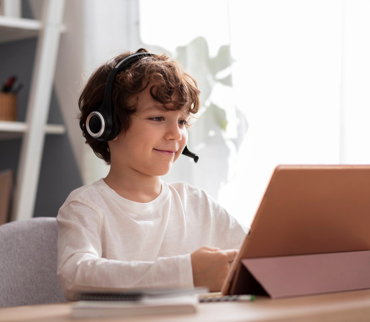 Young student in online school class