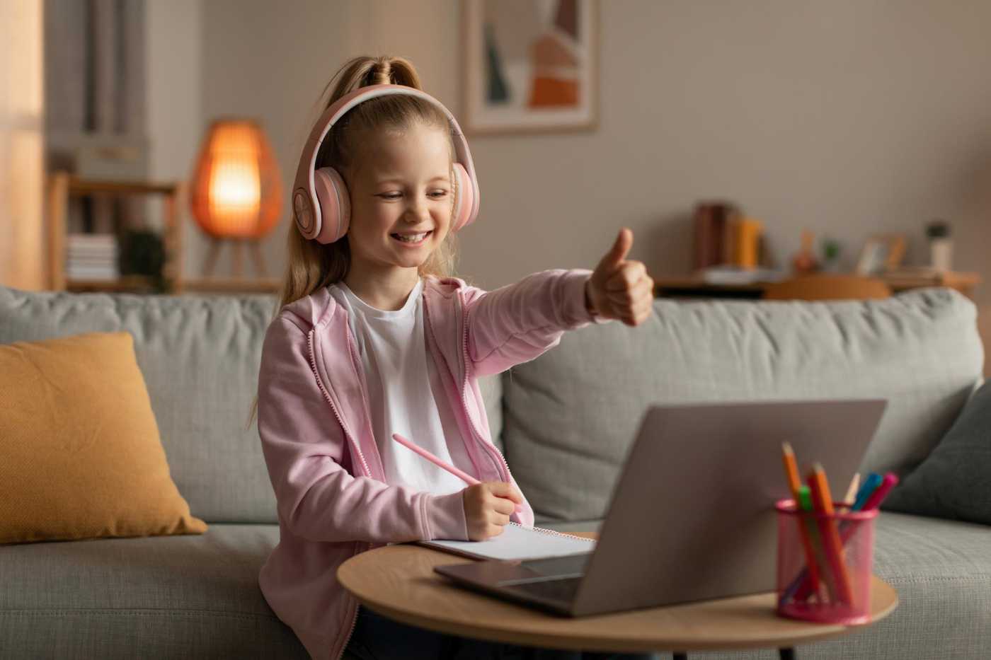 Happy Online Elementary School student in class