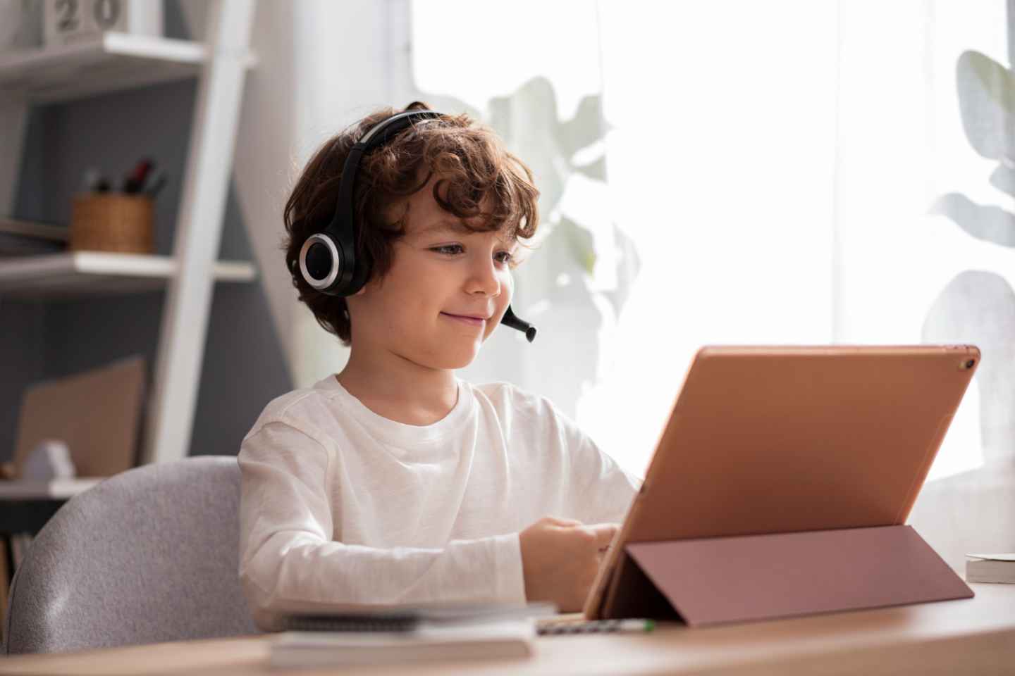 Young student in online school class